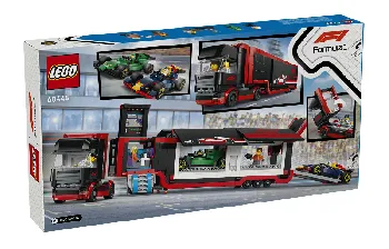 Back of LEGO F1 Truck with RB20 & AMR24 F1 Cars set box